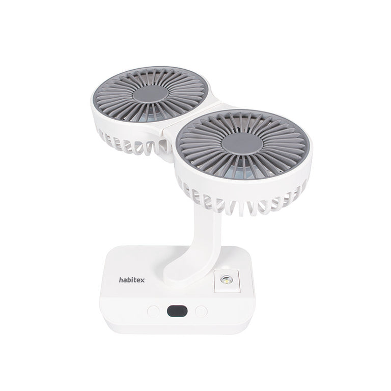 Ventilador de sobremesa Habitex V10 con cabezales inclinados hacia arriba y luz LED integrada en la base