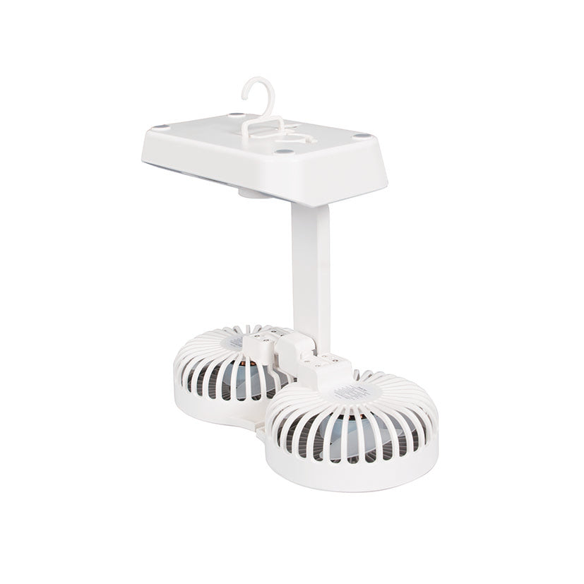 Ventilador dual USB Habitex V10 blanco con dos cabezales orientables y base con botones de control