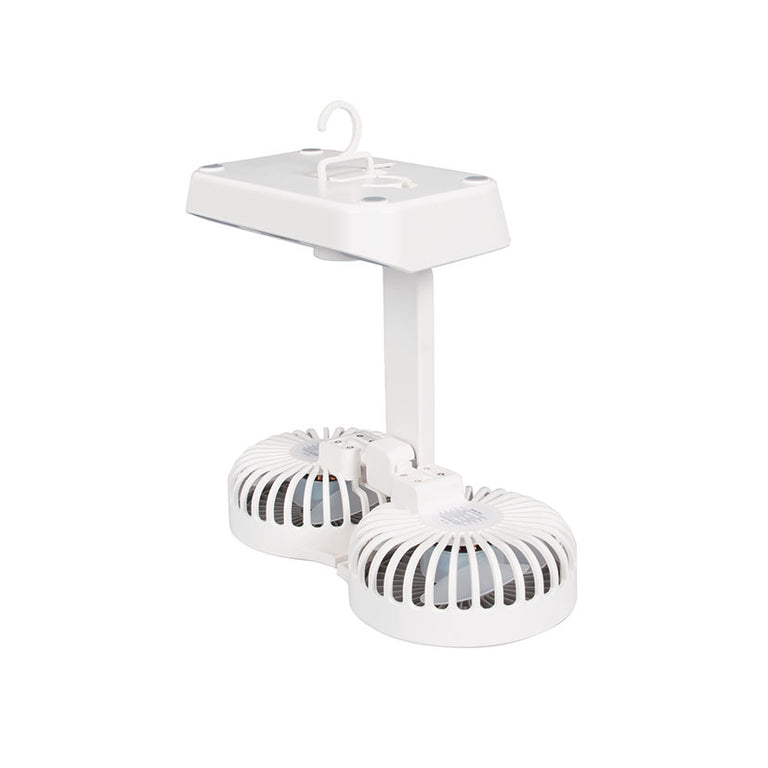 Ventilador dual USB Habitex V10 blanco con dos cabezales orientables y base con botones de control