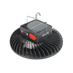 Vista superior del ventilador HABITEX V30 mostrando el panel solar de carga y el panel de control con indicador de batería.