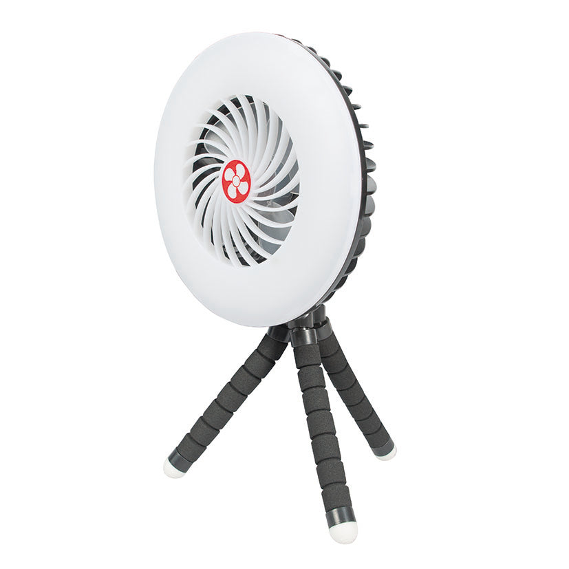 Ventilador portátil HABITEX V30 montado sobre su trípode flexible negro para uso estable en superficies planas.