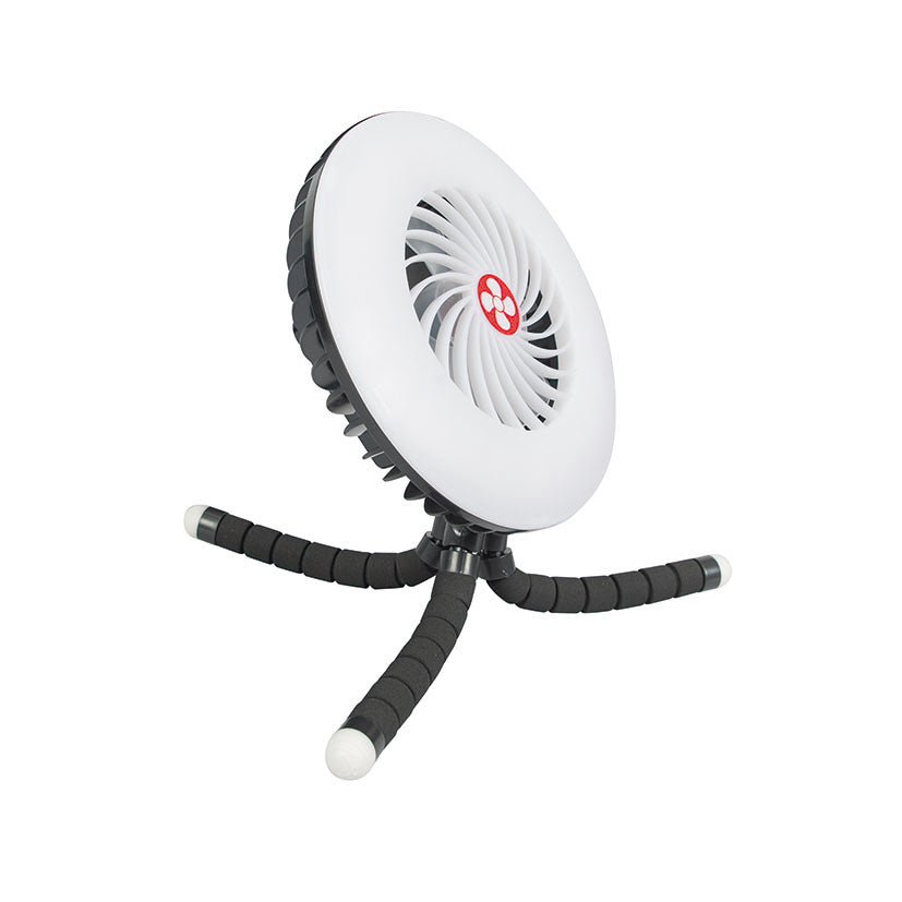 Mini ventilador de techo portátil HABITEX V30 con luz LED blanca y gancho metálico para colgar.