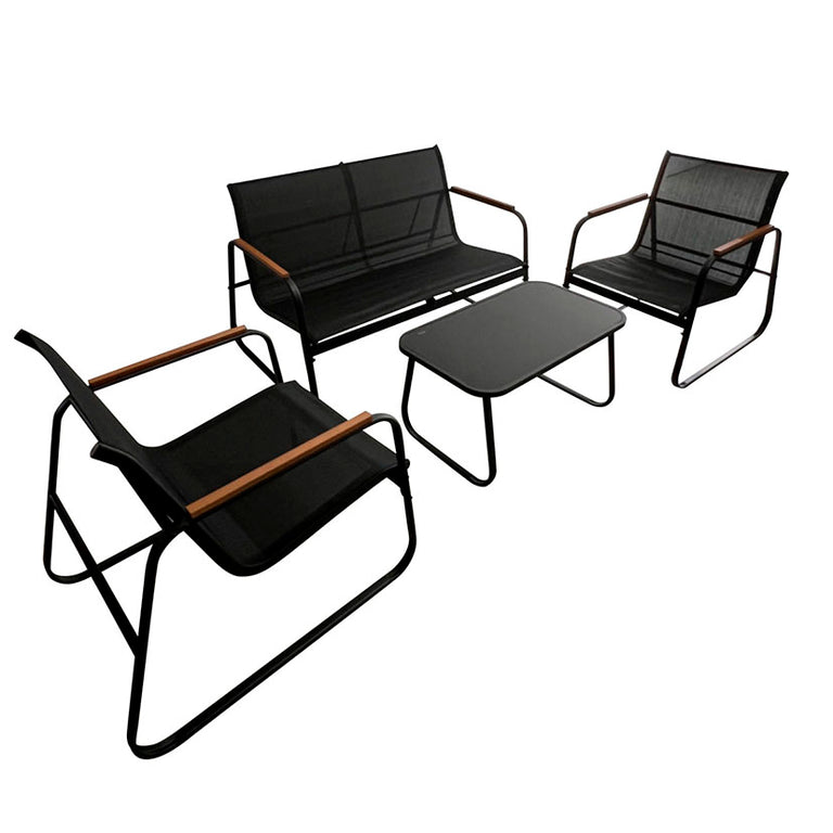 Conjunto de muebles de jardín IGUAZÚ de 4 piezas en metal negro, textilene y madera con mesa de centro.