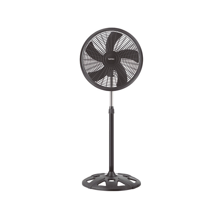 Ventilador de pie HABITEX VP08+ negro con hélice de 5 aspas y base circular reforzada