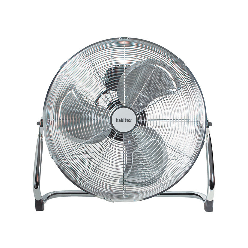 Ventilador de suelo industrial Habitex VS-10+ con hélice metálica de 3 aspas y acabado cromado