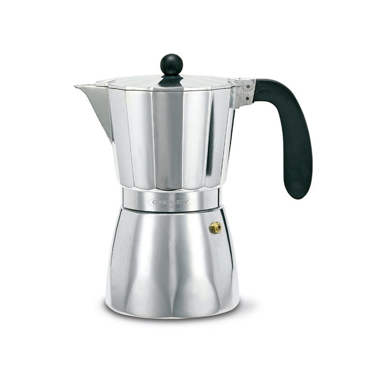 Cafetera italiana Oroley ALU de aluminio plateado con asa y pomo negros de baquelita
