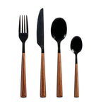 Juego de cubiertos Pengo Silva negro lúcido 24 piezas con mango diseño madera para mesa moderna.