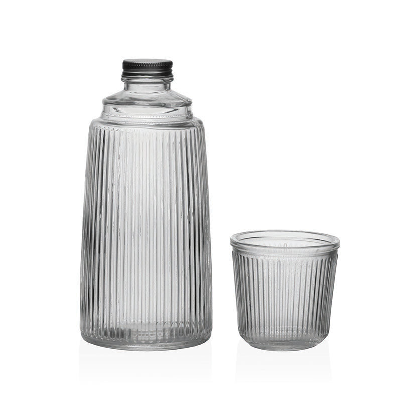 Set de botella de vidrio de 1.1 litros con tapón de aluminio y vaso de 250 ml por separado