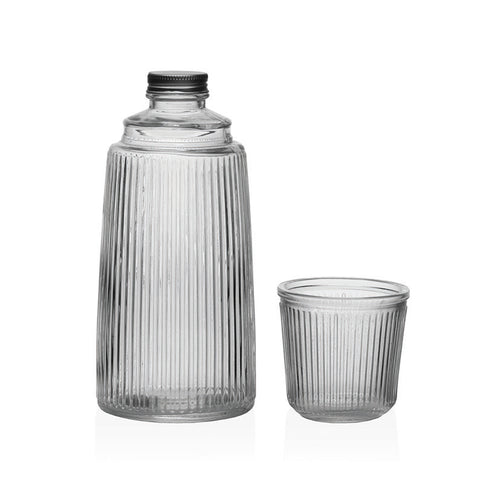 Set de botella de vidrio de 1.1 litros con tapón de aluminio y vaso de 250 ml por separado