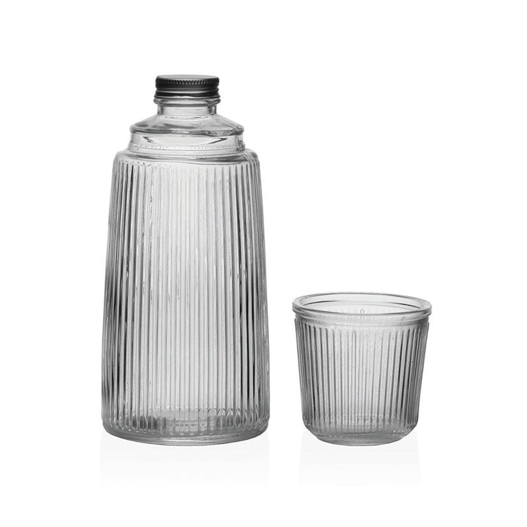 Set de botella de vidrio de 1.1 litros con tapón de aluminio y vaso de 250 ml por separado