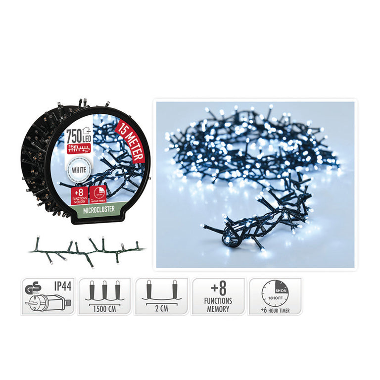 Guirnalda microcluster 750 LED blanco frío 15 metros con especificaciones de temporizador y protección IP44
