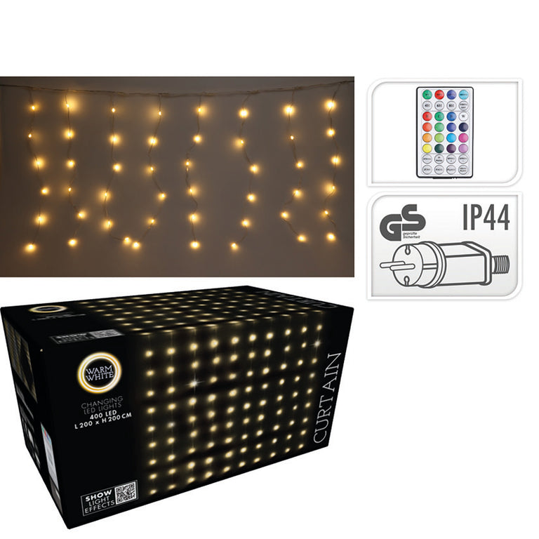 Cortina LED decorativa 2x2 metros luz blanca cálida para exterior e interior con control remoto.