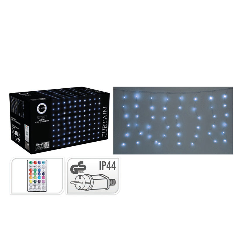 Cortina de 400 luces LED blanco frío 2x2 metros con mando a distancia y protección IP44.