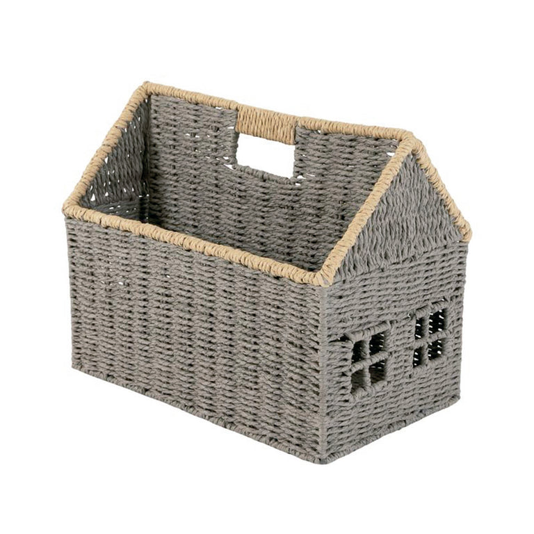 Revistero con diseño original de casita en papel trenzado bicolor gris y natural
