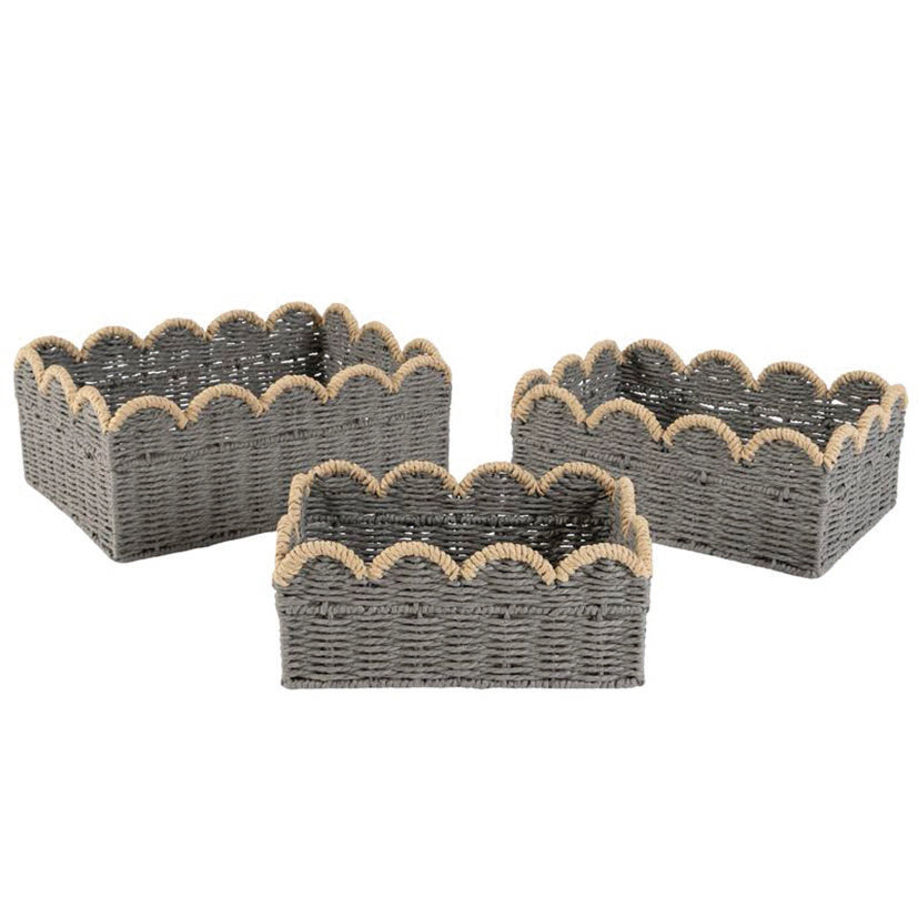 Set de tres cestas rectangulares de papel trenzado gris con bordes ondulados decorativos
