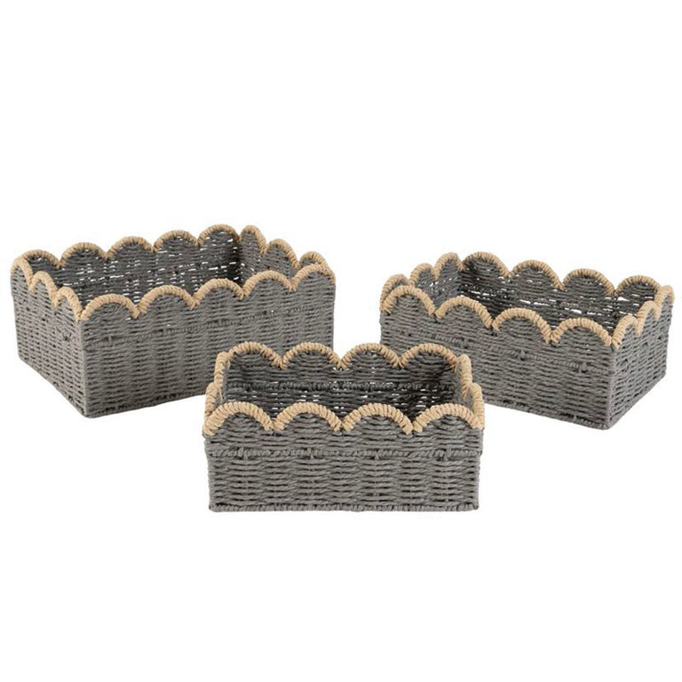 Set de tres cestas rectangulares de papel trenzado gris con bordes ondulados decorativos