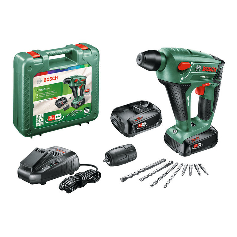 Taladro martillo Bosch Uneo Maxx 18V con maletín, dos baterías, cargador y accesorios de perforación