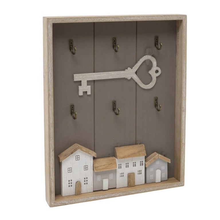 Cuelga llaves decorativo de madera DCASA con diseño de casitas y 6 ganchos metálicos en acabado bronce.