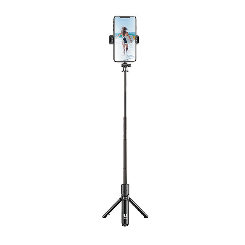 Palo selfie trípode UNICO SS1897 extendido con smartphone montado y base de tres pies estable.