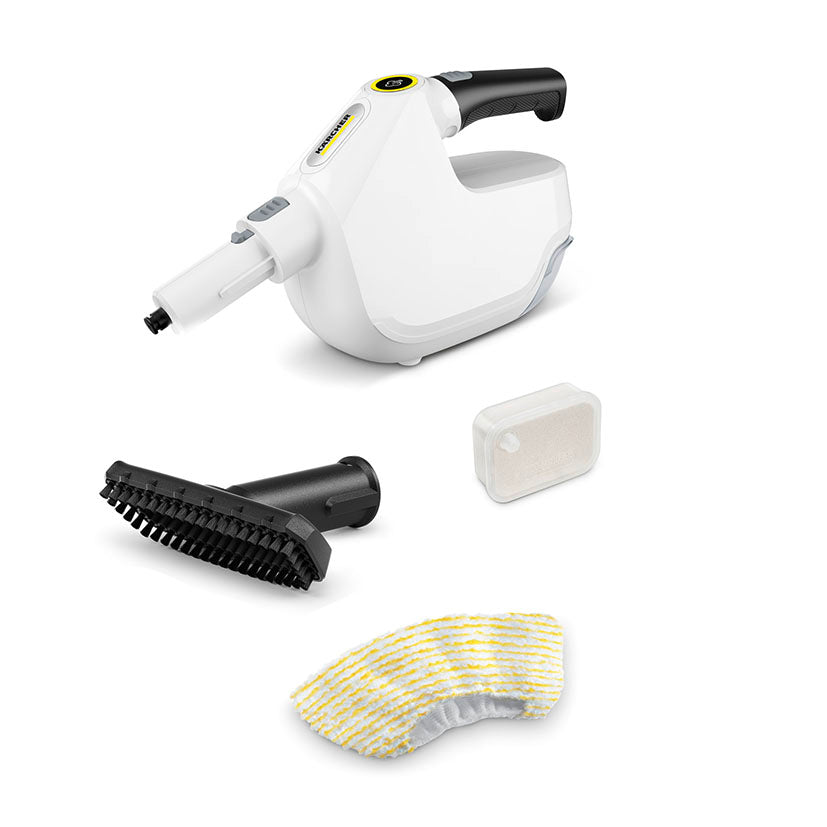 Limpiadora de vapor manual Karcher SC 1 blanca con boquilla de mano, cepillo y funda de microfibra
