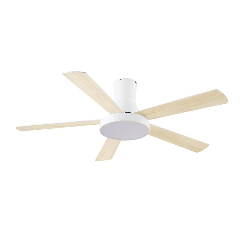 Ventilador de techo HABITEX VTM50 blanco con aspas acabado madera clara y plafón LED central