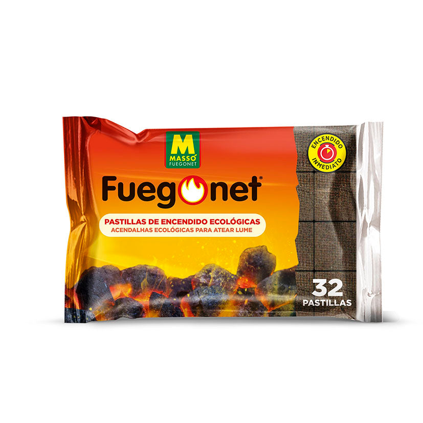 Pack de 32 pastillas de encendido ecológicas Massó Fuegonet para barbacoas y chimeneas.