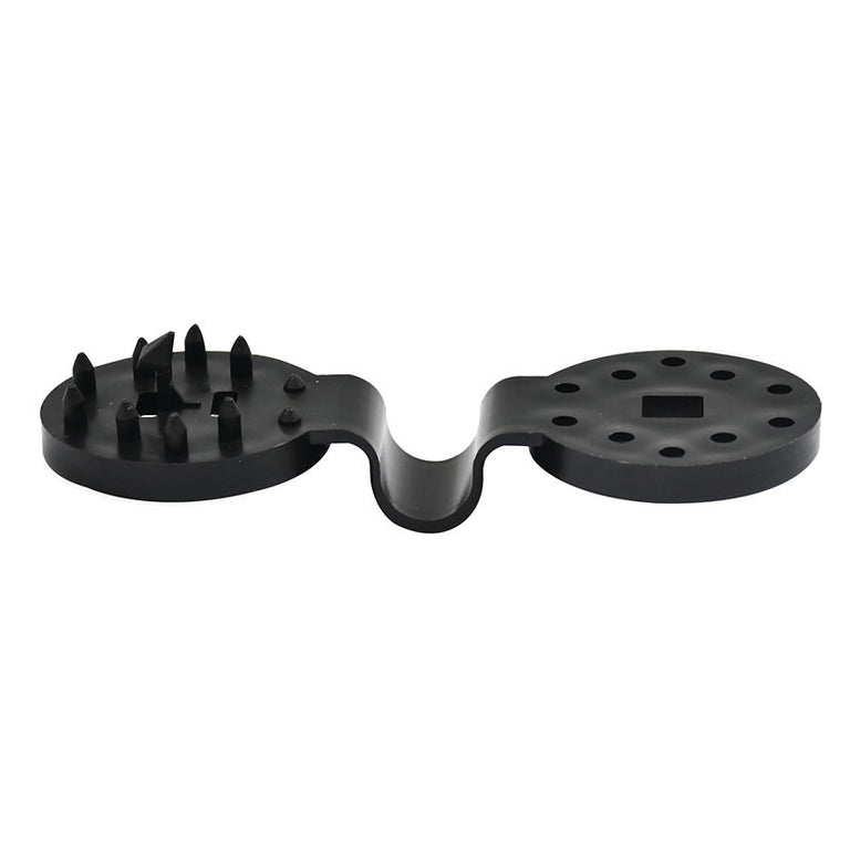 Pinza de polipropileno para mallas abierta mostrando dientes de anclaje