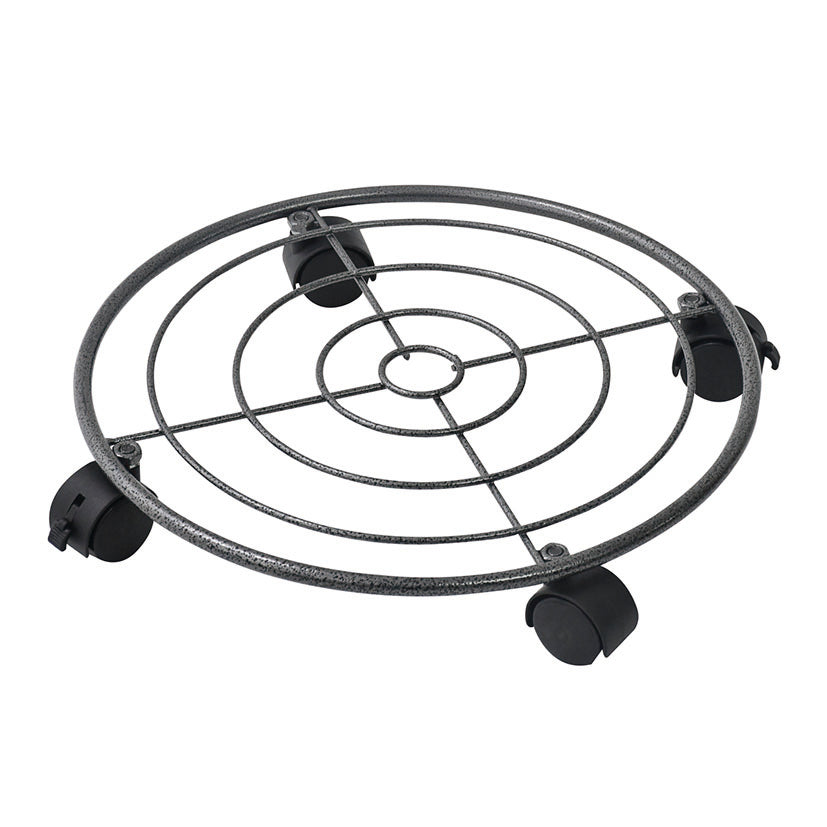 Soporte circular metálico para macetas LISTA en acero gris con cuatro ruedas negras y frenos de seguridad.