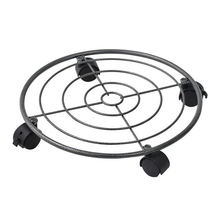 Soporte circular metálico para macetas LISTA en acero gris con cuatro ruedas negras y frenos de seguridad.