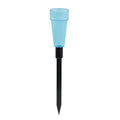 Pluviómetro LISTA PS de poliestireno azul con pica de plástico negro para medición de lluvia en jardín.