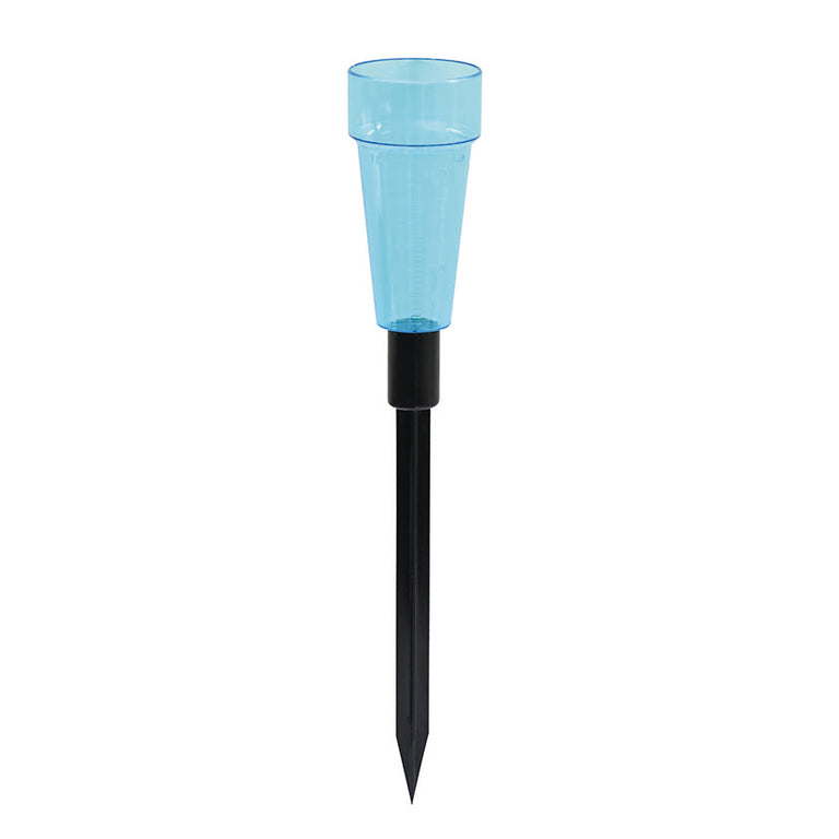 Pluviómetro LISTA PS de poliestireno azul con pica de plástico negro para medición de lluvia en jardín.