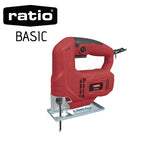 Sierra caladora RATIO Basic RB-SC400 roja de 400W con base metálica y hoja de corte instalada