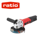 Amoladora angular RATIO R-AM720 de 720W y 115mm con mango auxiliar negro y cuerpo rojo.