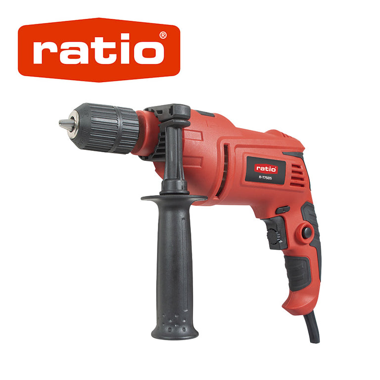 Taladro percutor RATIO R-T750S color rojo con mango lateral y gatillo de velocidad variable