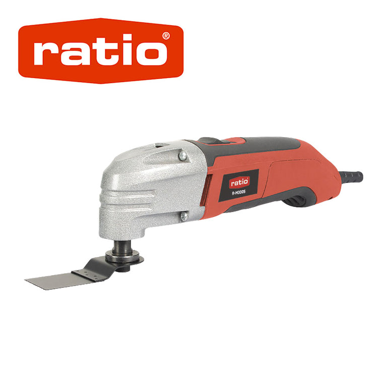 Multiherramienta oscilante RATIO R-M300S roja y gris con hoja de corte y empuñadura ergonómica