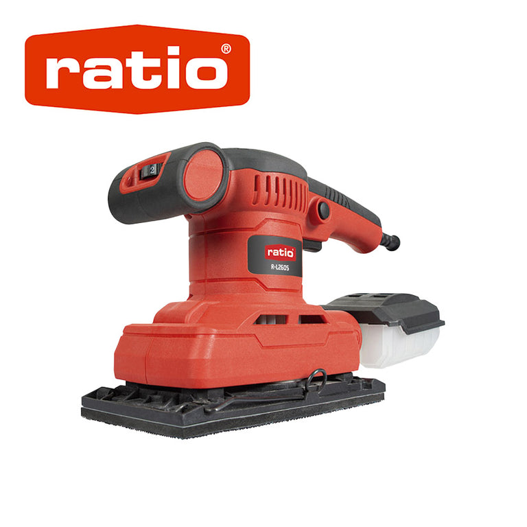 Lijadora orbital RATIO R-L260S roja y negra con depósito de polvo ciclónico.