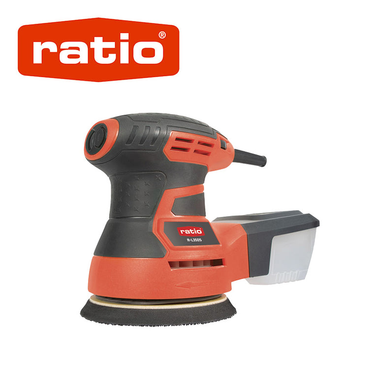 Lijadora excéntrica RATIO R-L350S color naranja y negro con depósito recolector de polvo.