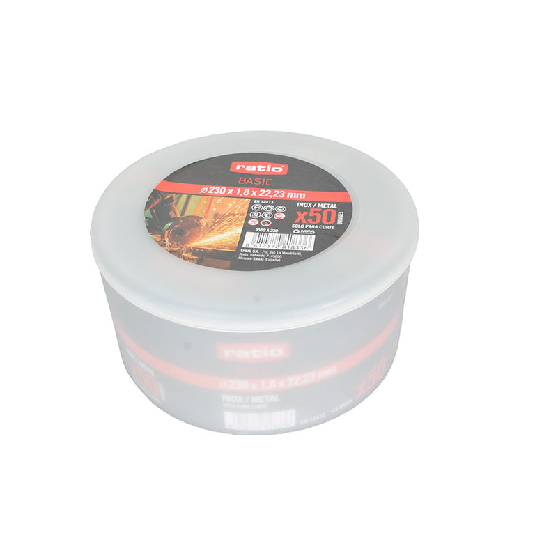 Pack de 50 discos de corte RATIO Basic de 230 mm para metal e inox en envase protector.