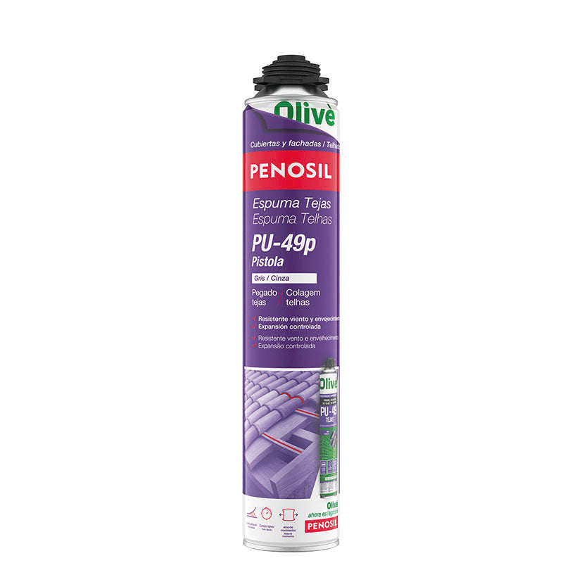 Espuma para tejas PENOSIL PU-49p formato pistola color gris 750ml para pegado profesional de cubiertas.