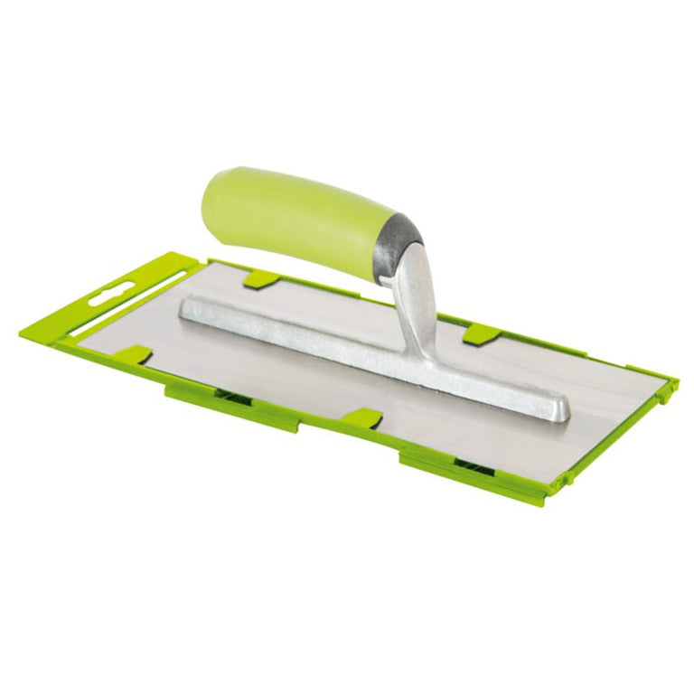 Llana rectangular VALLÉS con hoja de acero inoxidable y mango ergonómico verde para acabados en yeso