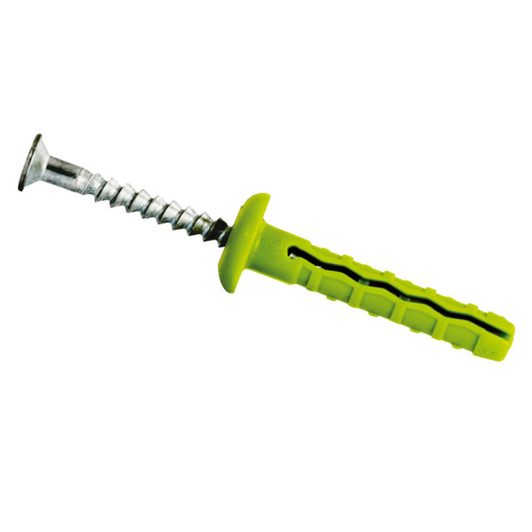 Taco clavo VALLÉS de nylon verde con clavo de acero cincado y collarín para fijación rápida en obra