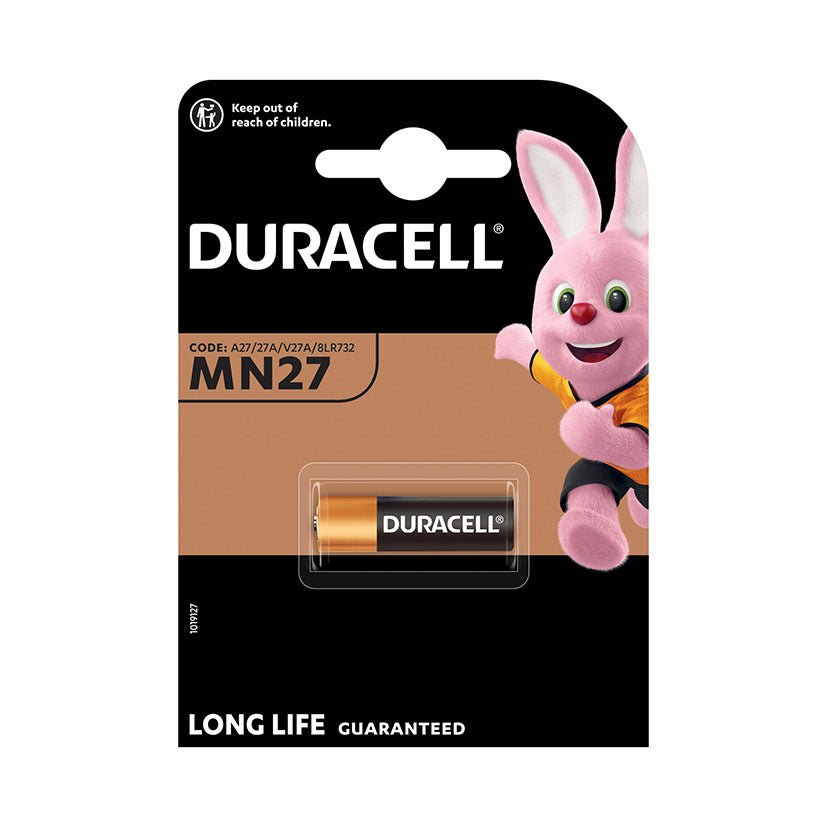 Pila alcalina Duracell MN27 A27 de 12V individual para sistemas de seguridad.
