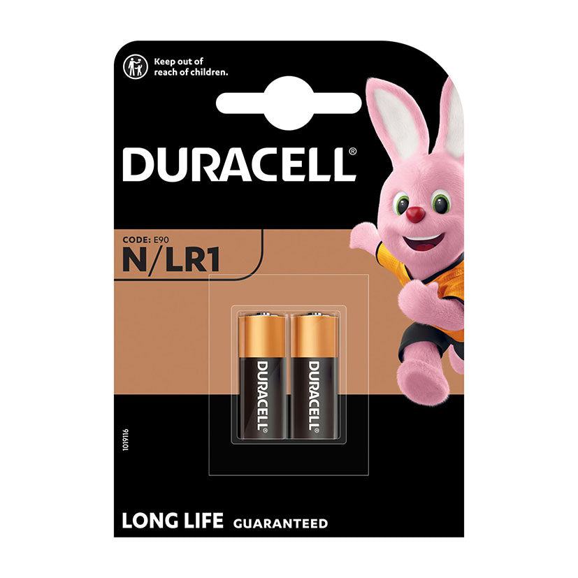 Blíster de 2 pilas alcalinas Duracell N LR1 E90 de 1.5V para dispositivos de seguridad.