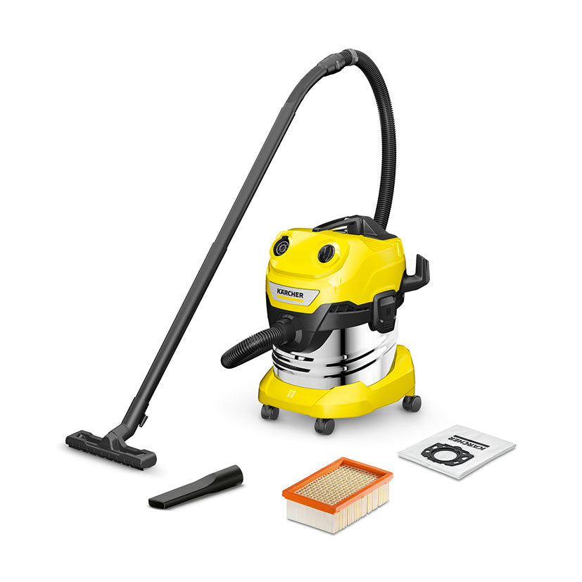 Aspirador multiuso Kärcher WD 4 S con depósito de acero inoxidable de 20 litros y accesorios de limpieza.