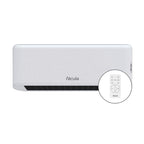 Calefactor de pared Fâcula Halcón con detalle del mando a distancia para control de temperatura y programación.