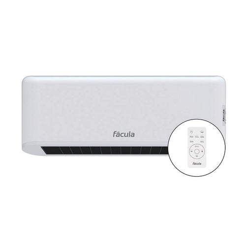 Calefactor de pared Fâcula Halcón con detalle del mando a distancia para control de temperatura y programación.