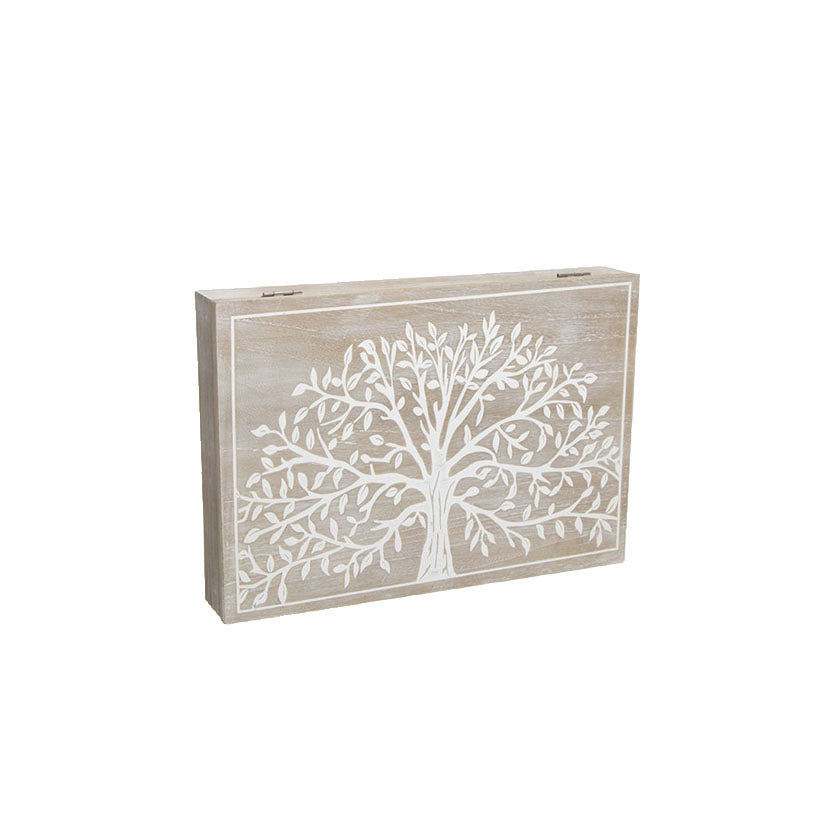 Tapa de contador de madera con diseño del Árbol de la Vida en blanco, medidas 46x32 cm.