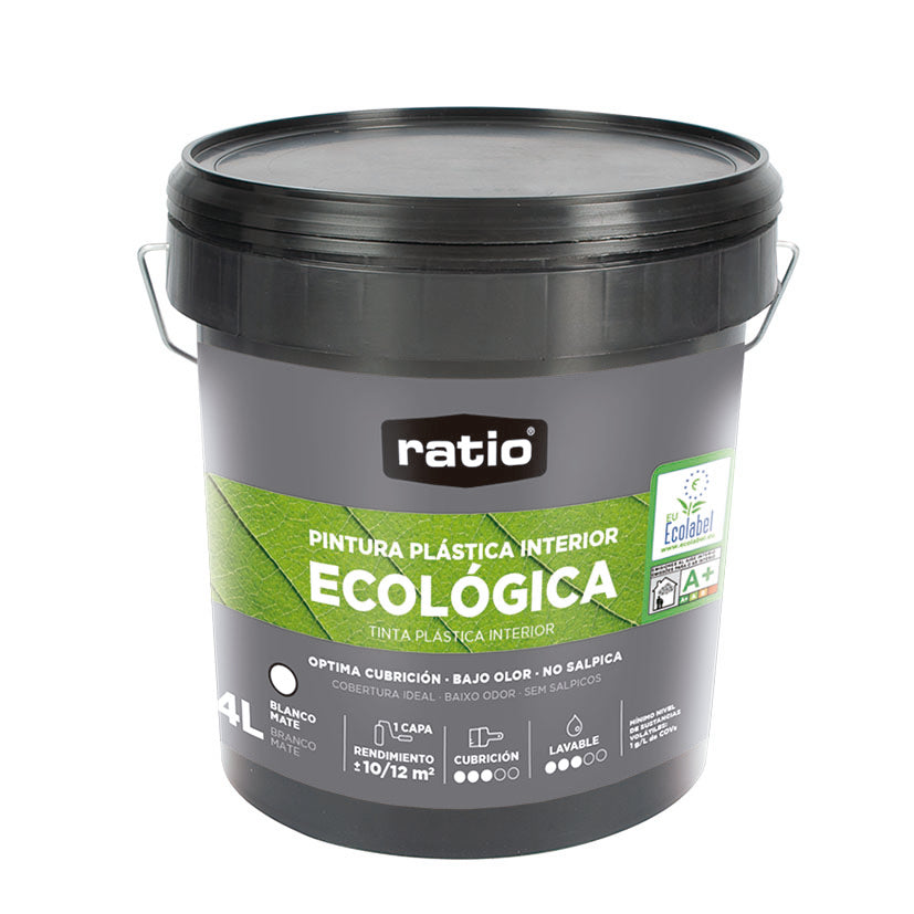 Envase de 4L de pintura ecológica RATIO para interiores acabado mate profundo y bajo olor