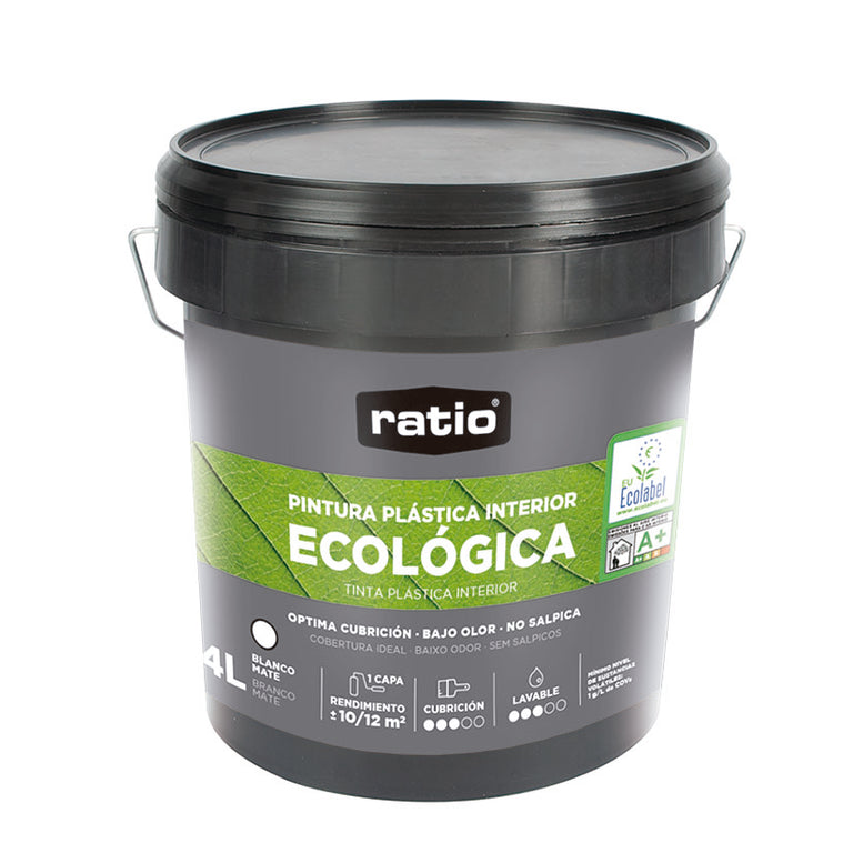 Envase de 4L de pintura ecológica RATIO para interiores acabado mate profundo y bajo olor