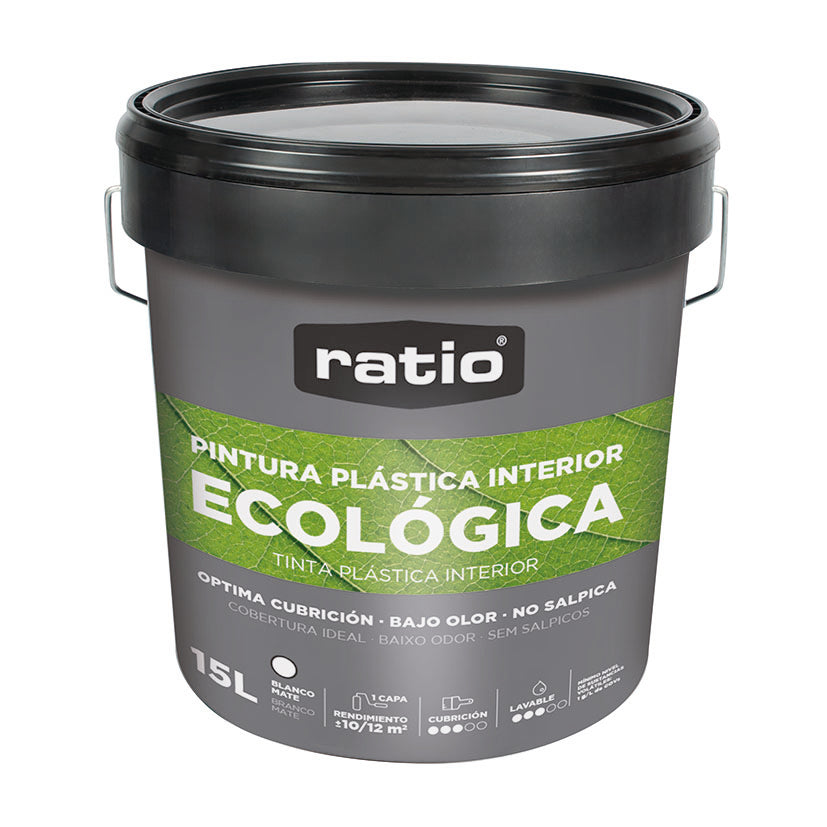 Bote de 15L de pintura plástica ecológica RATIO interior blanco mate con etiqueta de sostenibilidad